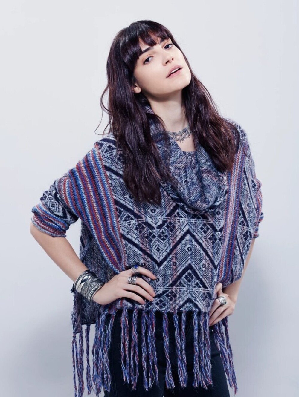Free People Blue Oversized Fringe Trim Striped Be The One Poncho - Size - Small